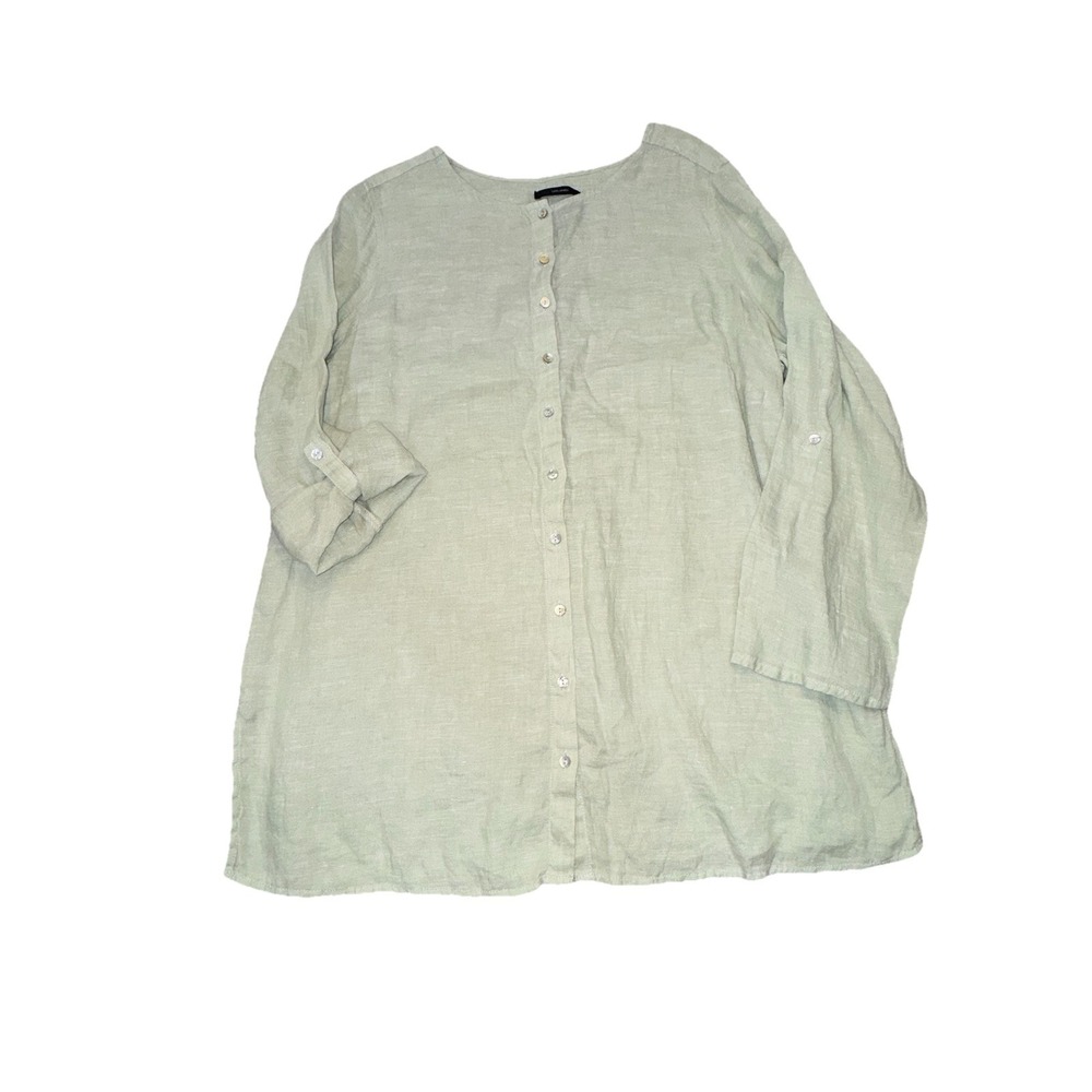 Tahari Women's‎ XL Tunic Blouse 100% Linen Sea foam Green Roll Tab Sleeve Button